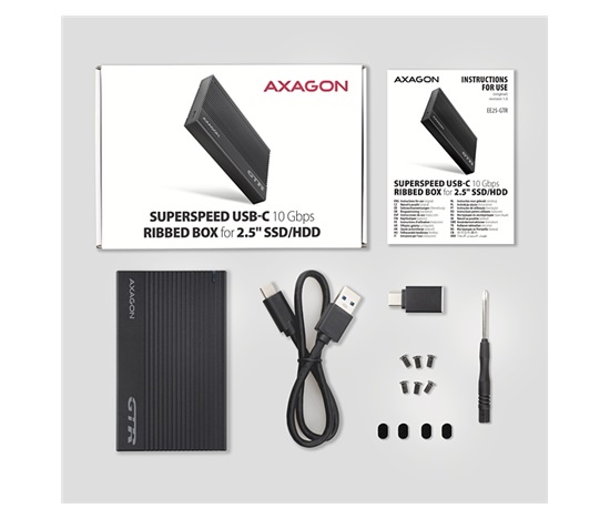 AXAGON EE25-GTR, USB-C 10Gbps - SATA 6G 2.5" metalowa obudowa RIBBED, czarna