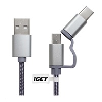 iGET G2V1 USB kabel 2v1, 1m, stříbrný, microUSB i USB-C, prodloužené koncovky