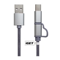iGET G2V1 USB kabel 2v1, 1m, stříbrný, microUSB i USB-C, prodloužené koncovky
