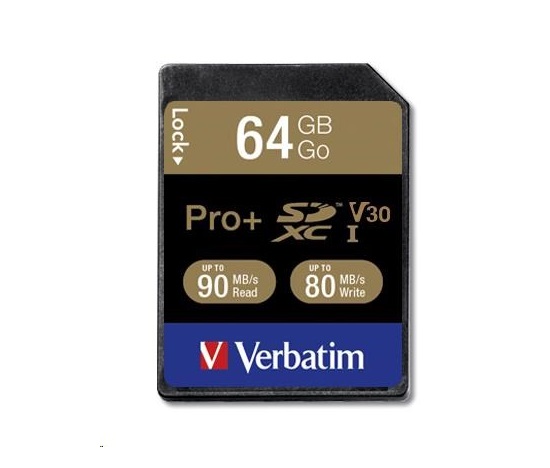 VERBATIM SDXC karta 64GB PRO+ Class 10, UHS-1 (R:90/W:80 MB/s)