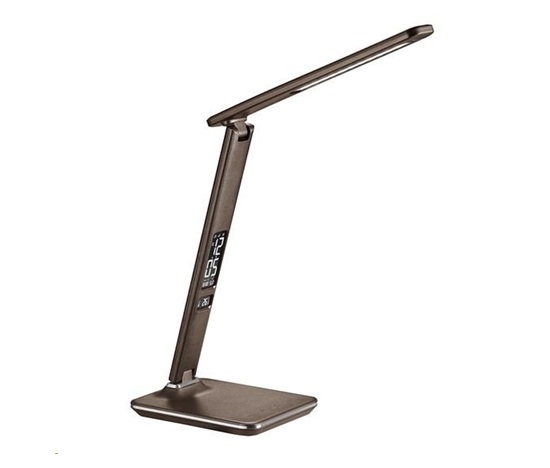 Solight LED stolní lampička s displayem, 9W, volba teploty světla, kůže, hnědá