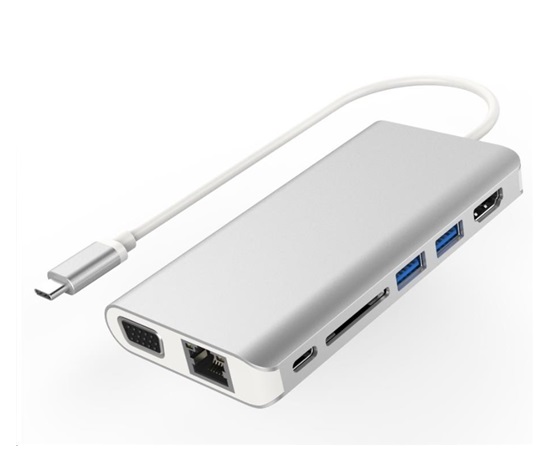 PREMIUMCORD Převodník USB3.1 typ C na HDMI+VGA+RJ45+2xUSB3.0+SD card +3,5mm+PD charge