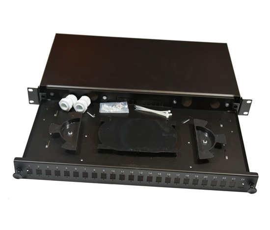 Optická vana výsuvná 1U, 24x SC simplex (24x LC duplex, 24x E2000) s kazetou pro 24 svarů, černá