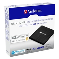 VERBATIM externí mechanika Ultra HD 4K Blu-ray External Slimline Writer (USB 3.1, USB-C) + zdarma 25GB médium +NERO