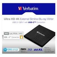 VERBATIM externí mechanika Ultra HD 4K Blu-ray External Slimline Writer (USB 3.1, USB-C) + zdarma 25GB médium +NERO