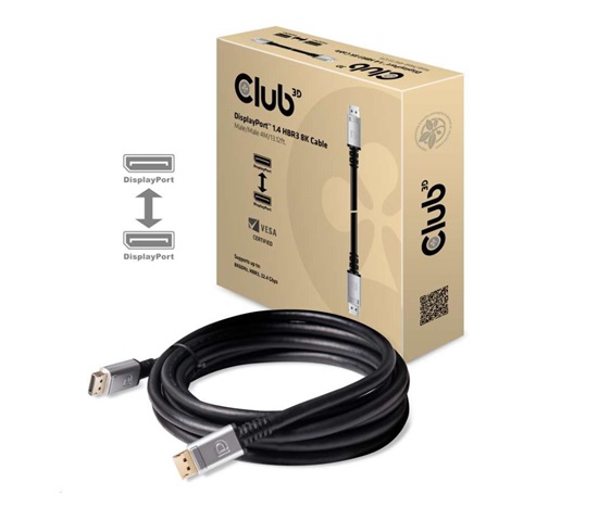 Club3D Kabel certifikovaný DisplayPort 1.4, HBR3, 8K60Hz (M/M), stříbrné koncovky, 4m, 24 AWG