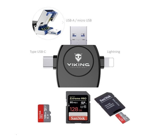 Viking OTG čtečka paměťových karet SD a Micro SD 4v1 s koncovkou APPLE Lightning / Micro USB / USB 3.0 / USB-C, bílá