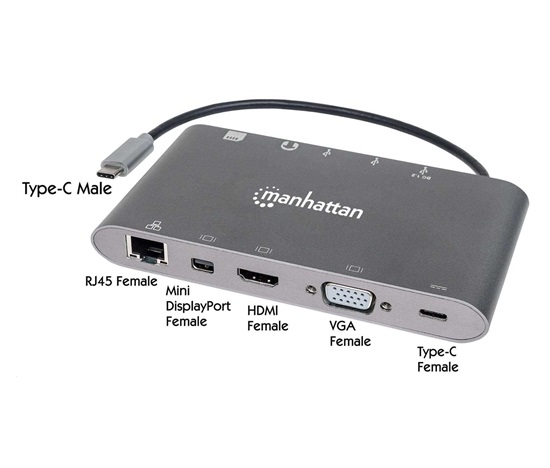 MANHATTAN Dokovací stanice USB-C na HDMI, Mini DP, VGA, 3xUSB 3.0, USB-C PD port, RJ 45, Card Reader, 3,5 mm
