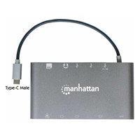 MANHATTAN Dokovací stanice USB-C 7v1, 1xHDMI, 1xVGA, 1xUSB-C,3xUSB, 1xRJ45, 1x3.5mm, šedá