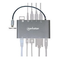 MANHATTAN Dokovací stanice USB-C 7v1, 1xHDMI, 1xVGA, 1xUSB-C,3xUSB, 1xRJ45, 1x3.5mm, šedá