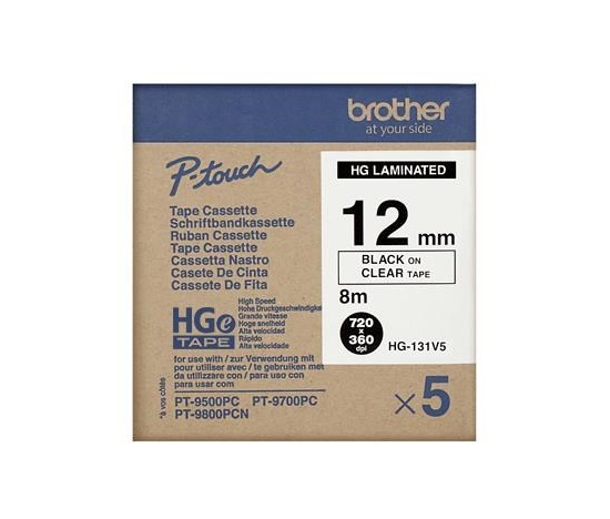 BROTHER HGE-131V5 Labelling Supplies, 12mm Black/Clear (5 pcs Pack) High Grade Tape