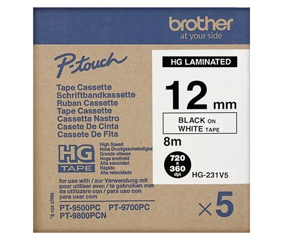 BROTHER HGE-231V5 Labelling Supplies, 12mm Black/White (5 pcs Pack) High Grade Tape