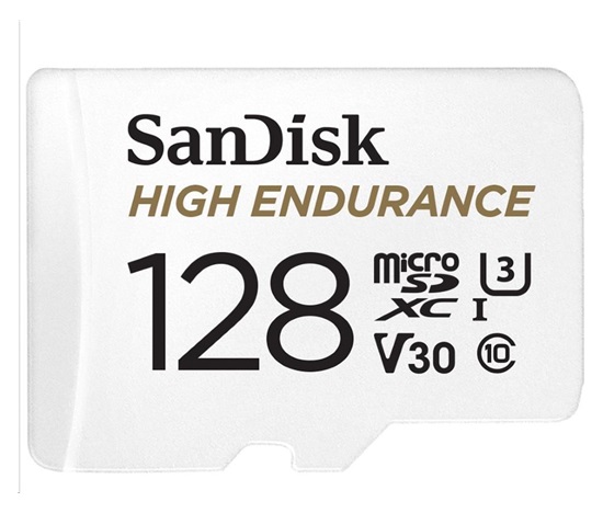 SanDisk MicroSDHC karta 128GB High Endurance (R:100/W:40 MB/s, Class 10, U3 V30) + adaptér