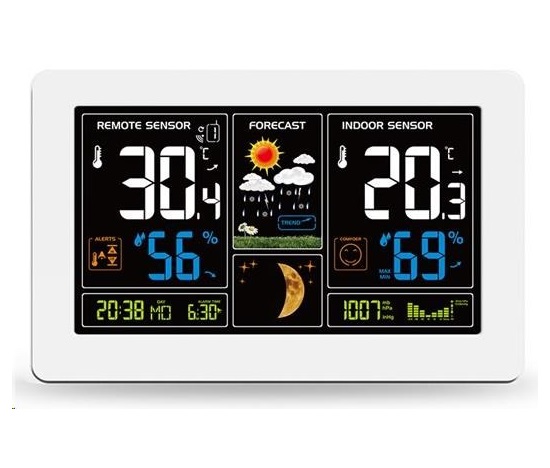 Solight TE81W meteostanice, extra velký barevný LCD, teplota, vlhkost, tlak, RCC, USB nabíjení, bílá