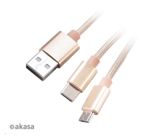 AKASA kabel 2v1 USB Type-A na Micro-B a USB Type-C, 120cm, zlatý