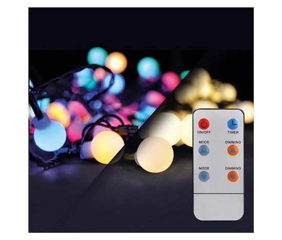 Solight LED 2v1 venkovní vánoční řetěz, koule, dálkový ovladač, 100LED, RGB+bílá, 10m+5m, 8 funkcí, IP44