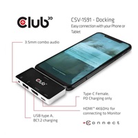 Club3D Dokovací stanice pro mobilní telefony USB-C 4v1, 1xHDMI, 1xUSB-C, 1xUSB, 1x3.5mm, černá