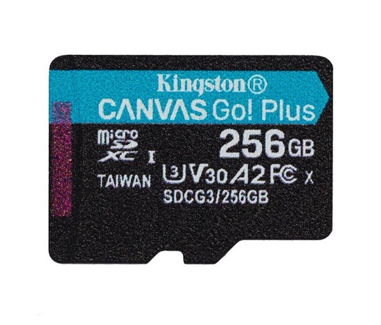 Kingston MicroSDXC karta 256GB Canvas Go! Plus, R:170/W:90MB/s, Class 10, UHS-I, U3, V30, A2 + Adaptér