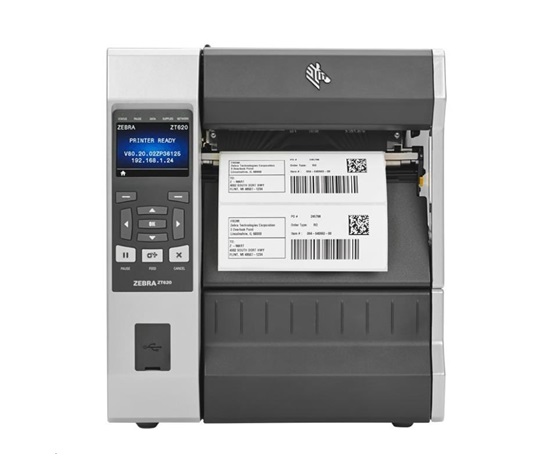 Zebra ZT620, 12 dots/mm (300 dpi), rewind, disp. (colour), RTC, ZPL, ZPLII, USB, RS-232, BT, Ethernet