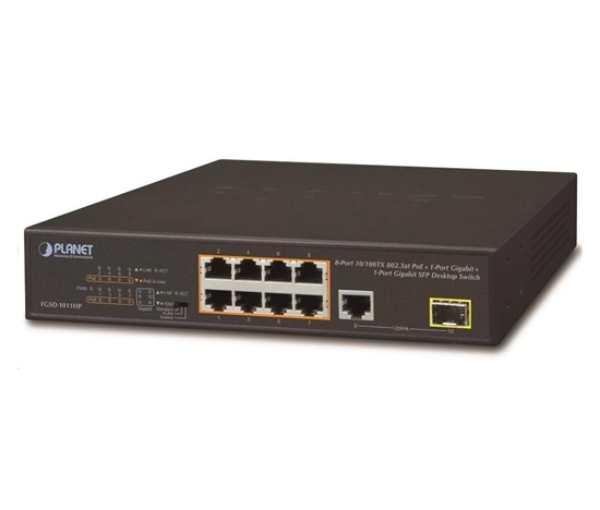 Planet FGSD-1011HP Switch, 8x 10/100 PoE, 1x TP + 1x SFP 1000Base-X, extend mód 10Mb, ESD, 802.3at 120W, fanless