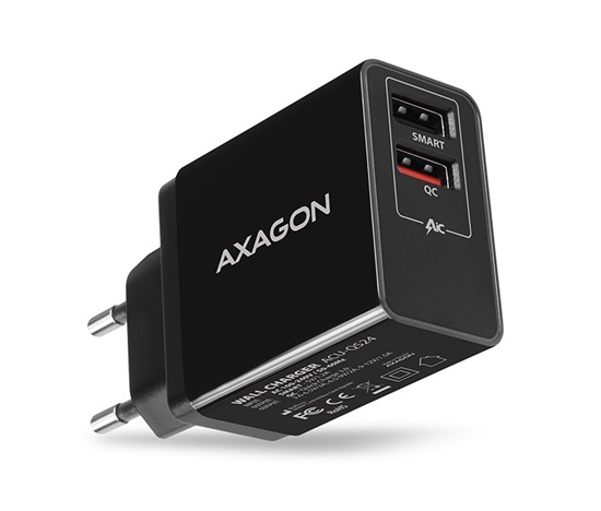 AXAGON ACU-QS24, QC & SMART ładowarka sieciowa 24W, 2x port USB-A, QC3.0/AFC/FCP + 5V/1.2A