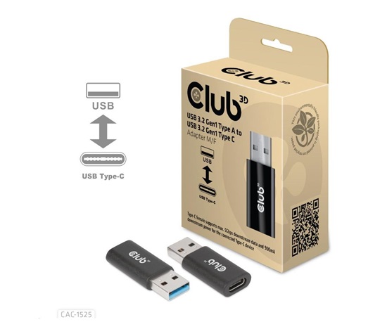 Club3D adaptér USB 3.2 Gen1 Type A na USB 3.2 Gen1 Type C (M/F), černá