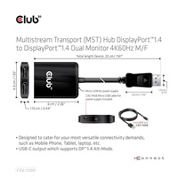 Club3D Video adaptér MST (Multi Stream Transport) DisplayPort 1.4 na DisplayPort 1.4 Dual Monitor 4K60Hz (M/F), černá