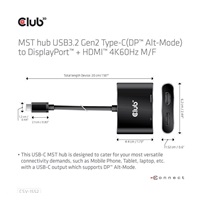 Club3D hub MST (Multi Stream Transport) USB3.2 Gen2 Type-C(DP Alt-Mode) na DisplayPort + HDMI 4K60Hz (M/F)