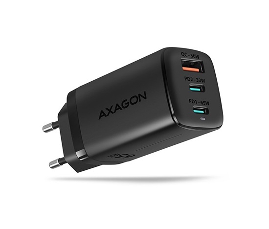 AXAGON ACU-DPQ65, GaN ładowarka sieciowa 65W, 3x port (USB-A + dual USB-C), PD3.0/QC4+/PPS/Apple, czarna