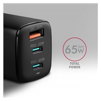 AXAGON ACU-DPQ65, GaN ładowarka sieciowa 65W, 3x port (USB-A + dual USB-C), PD3.0/QC4+/PPS/Apple, czarna