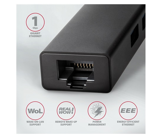 AXAGON HMC-GL3A, USB 3.2 Gen 1 hub, porty 3x USB-A + Gigabit Ethernet, kovový, kabel USB-C 20cm