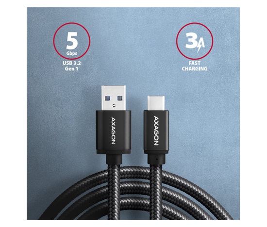 AXAGON BUCM3-AM20AB, SPEED kabel USB-C <-> USB-A, 2m, USB 3.2 Gen 1, 3A, ALU, oplet, černý