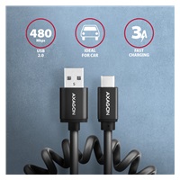 AXAGON BUCM-AM10TB, TWISTER kabel USB-C <-> USB-A, 0.6m, USB 2.0, 3A, ALU, tpe, černý