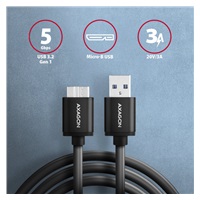 AXAGON BUMM3-AM10AB, SPEED kabel Micro-B USB <-> USB-A, 1m, USB 3.2 Gen 1, 3A, ALU, tpe, černý