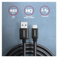 AXAGON BUMM-AM20AB, HQ kabel Micro USB <-> USB-A, 2m, USB 2.0, 2.4A, ALU, oplet, černý