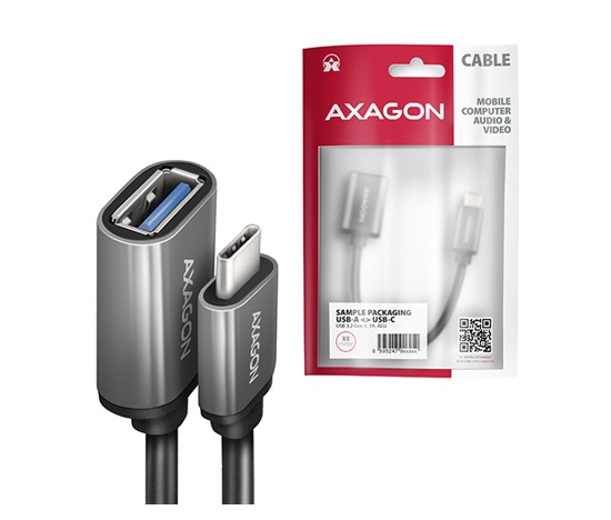 AXAGON RUCM-AFAC, redukcja z kablem USB-C (M) <-> USB-A (F), 20cm, USB 3.2 Gen 1, 3A, ALU