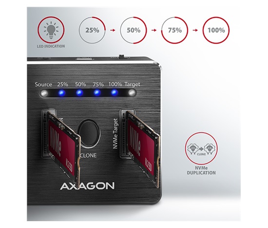 AXAGON ADSA-M2C, USB-C 3.2 Gen 2 - 2x M.2 NVMe SSD CLONE MASTER stacja dokująca