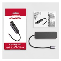 AXAGON HMC-6GL, USB 3.2 Gen 1 hub, porty 3x USB-A, HDMI 4k/30Hz, RJ-45 GLAN, PD 100W, kabel USB-C 20cm