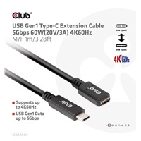 Club3D Prodlužovací kabel USB-C, 5Gbps, 60W(20V/3A), 4K60Hz (M/F), 1m