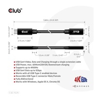 Club3D Prodlužovací kabel USB-C, 5Gbps 60W(20V/3A), 4K 60Hz (M/F), 2m