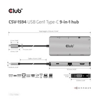 Club3D hub USB-C, 9-in-1 hub s HDMI, VGA, 2x USB Gen1 Type-A, RJ45, 100W PD