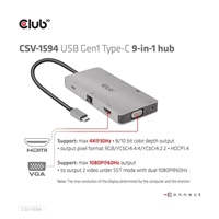 Club3D hub USB-C, 9-in-1 hub s HDMI, VGA, 2x USB Gen1 Type-A, RJ45, 100W PD