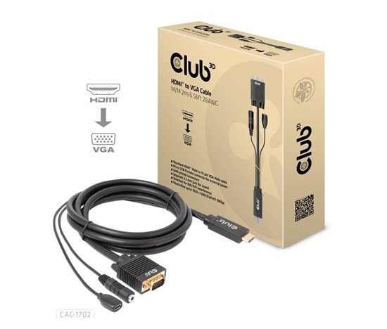 Club3D kabel HDMI na VGA, M/M, 28AWG, 2m