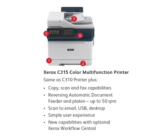 Xerox C315V_DNI, barevná laser. multifunkce, A4, 33ppm, duplex, RADF, WiFi/USB/Ethernet, 2 GB RAM, Apple AirPrint