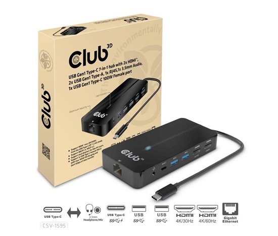 Club3D hub USB-C, 7-in-1 hub s 2x HDMI, 2x USB Gen1 Type-A, 1x RJ45, 1x 3.5mm audio, 1x USB Gen1 Type-C