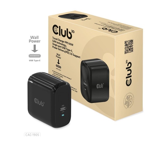 Club3D cestovní nabíječka PPS 65W GAN technologie, USB Type-C, Power Delivery(PD) 3.0 Support