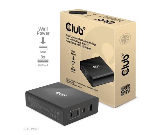 Club3D cestovní nabíječka 132W GAN technologie, 4xUSB-A a USB-C, PD 3.0 Support