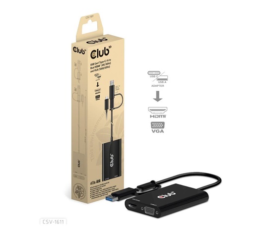 Club3D adaptér USB Gen1 Type-C/-A to Dual HDMI (4K/30Hz) / VGA (1080/60Hz)