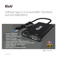 Club3D adaptér USB Gen1 Type-C/-A to Dual HDMI (4K/30Hz) / VGA (1080/60Hz)