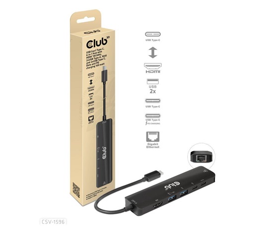 Club3D hub USB-C, 6-in-1 Hub s HDMI 8K30Hz, 2xUSB Type-A, RJ45 a 2xUSB Type-C, Data a PD nabíjení 100W